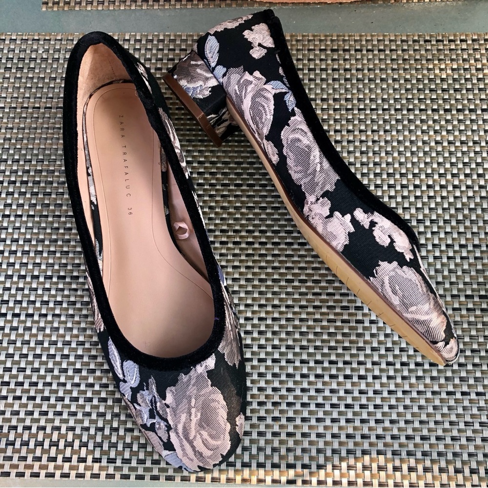 Zara Trafaluc Floral Fabric Low Heel Shoes